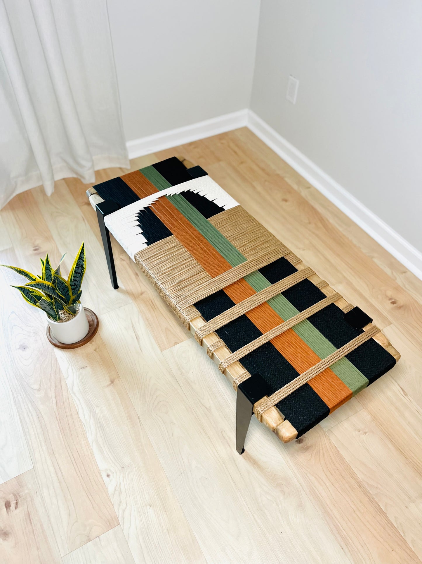 Mid Century Bench | Custom Size Woven Entryway Seating With Matte Black Legs