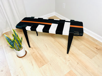 Mid Century Bench | Custom Size Woven Entryway Seating With Matte Black Legs
