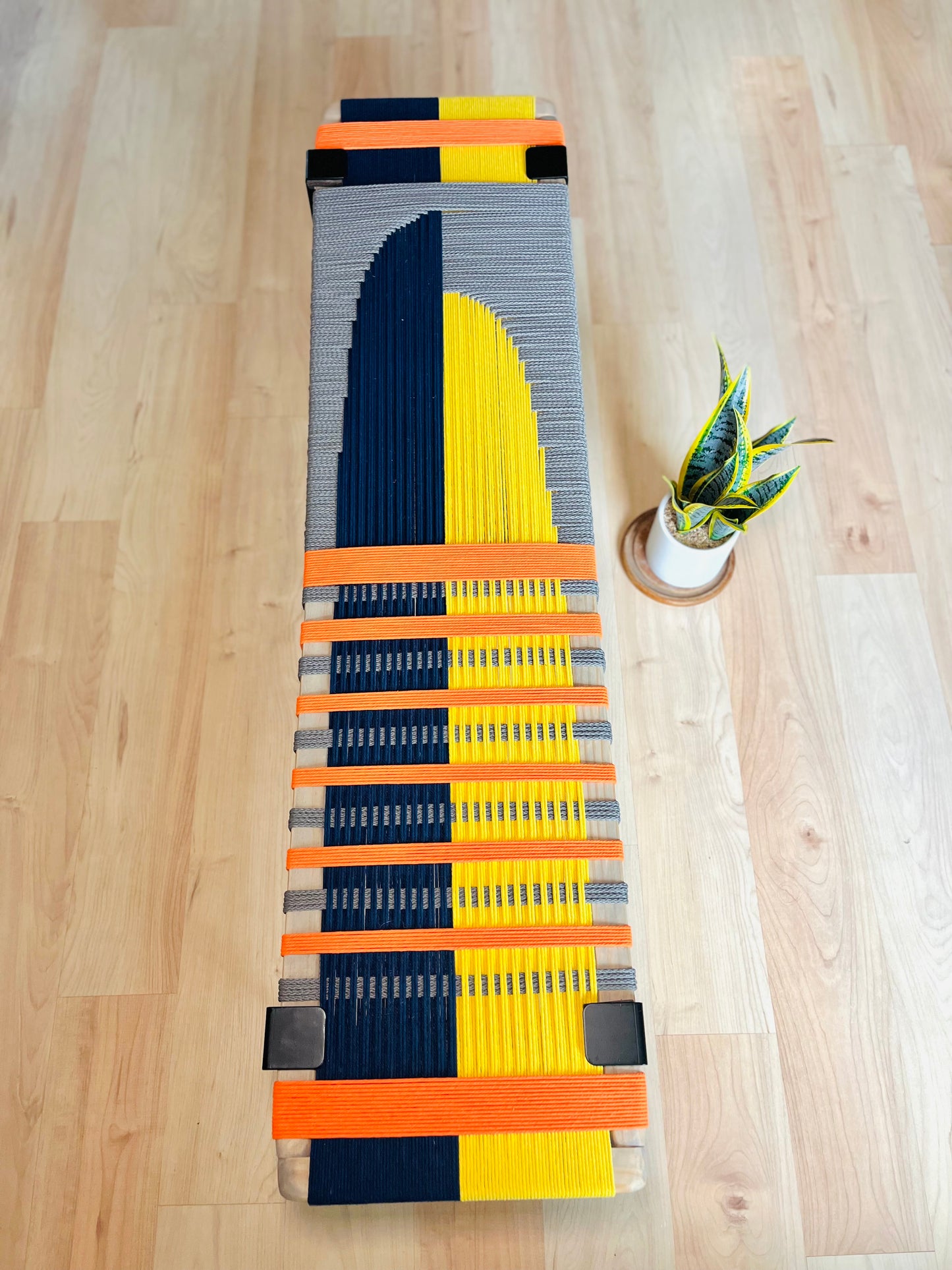 Mid Century Bench | Custom Size Woven Entryway Seating With Matte Black Legs