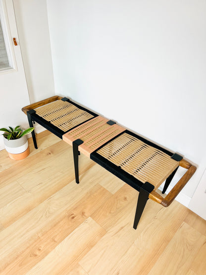 Mid Century Bench | Custom Size Woven Entryway Seating With Matte Black Legs