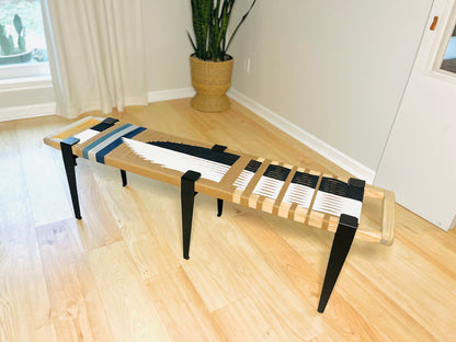 Mid Century Bench | Custom Size Woven Entryway Seating With Matte Black Legs