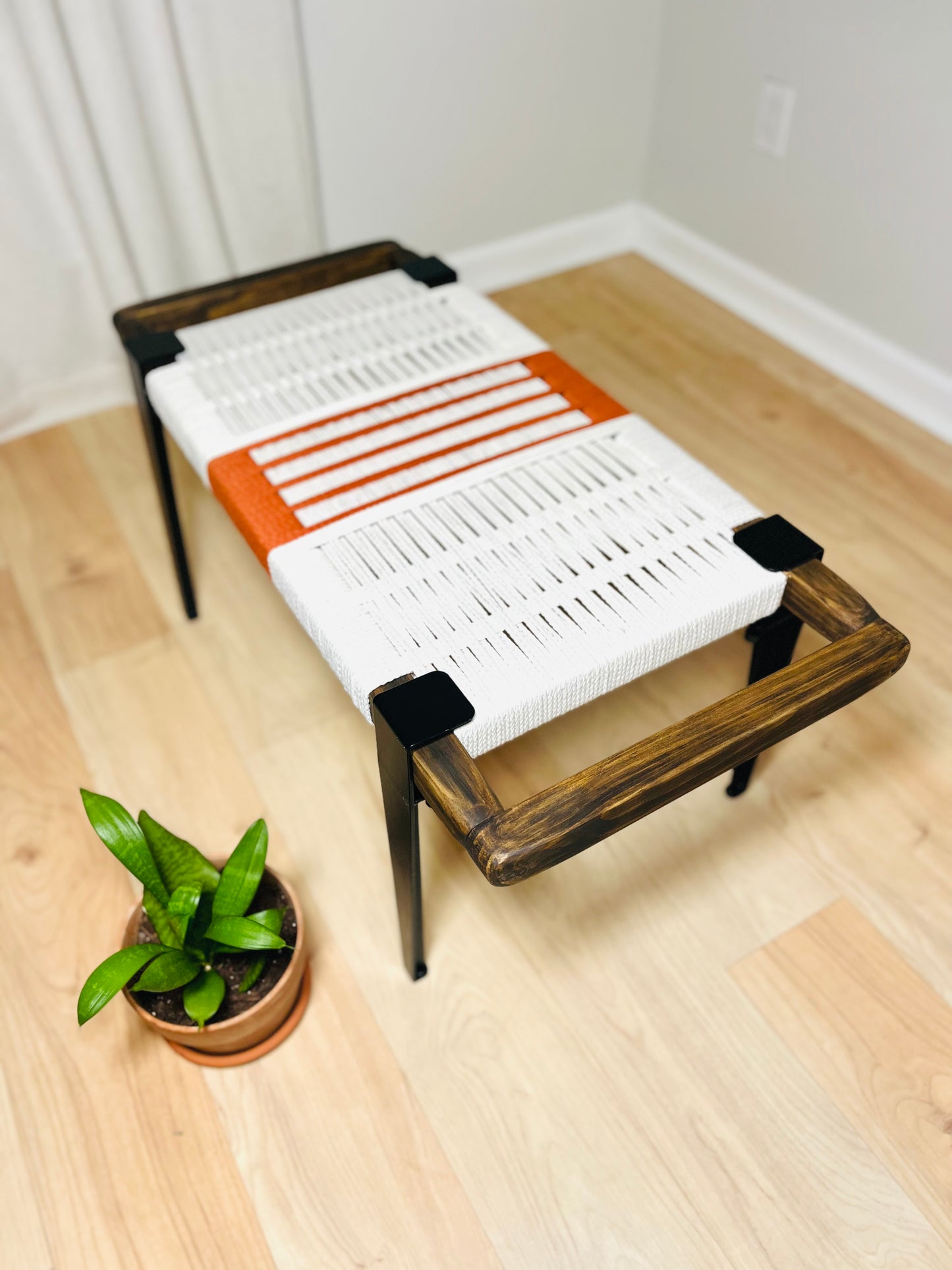 Mid Century Bench | Custom Size Woven Entryway Seating With Matte Black Legs