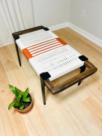 Mid Century Bench | Custom Size Woven Entryway Seating With Matte Black Legs