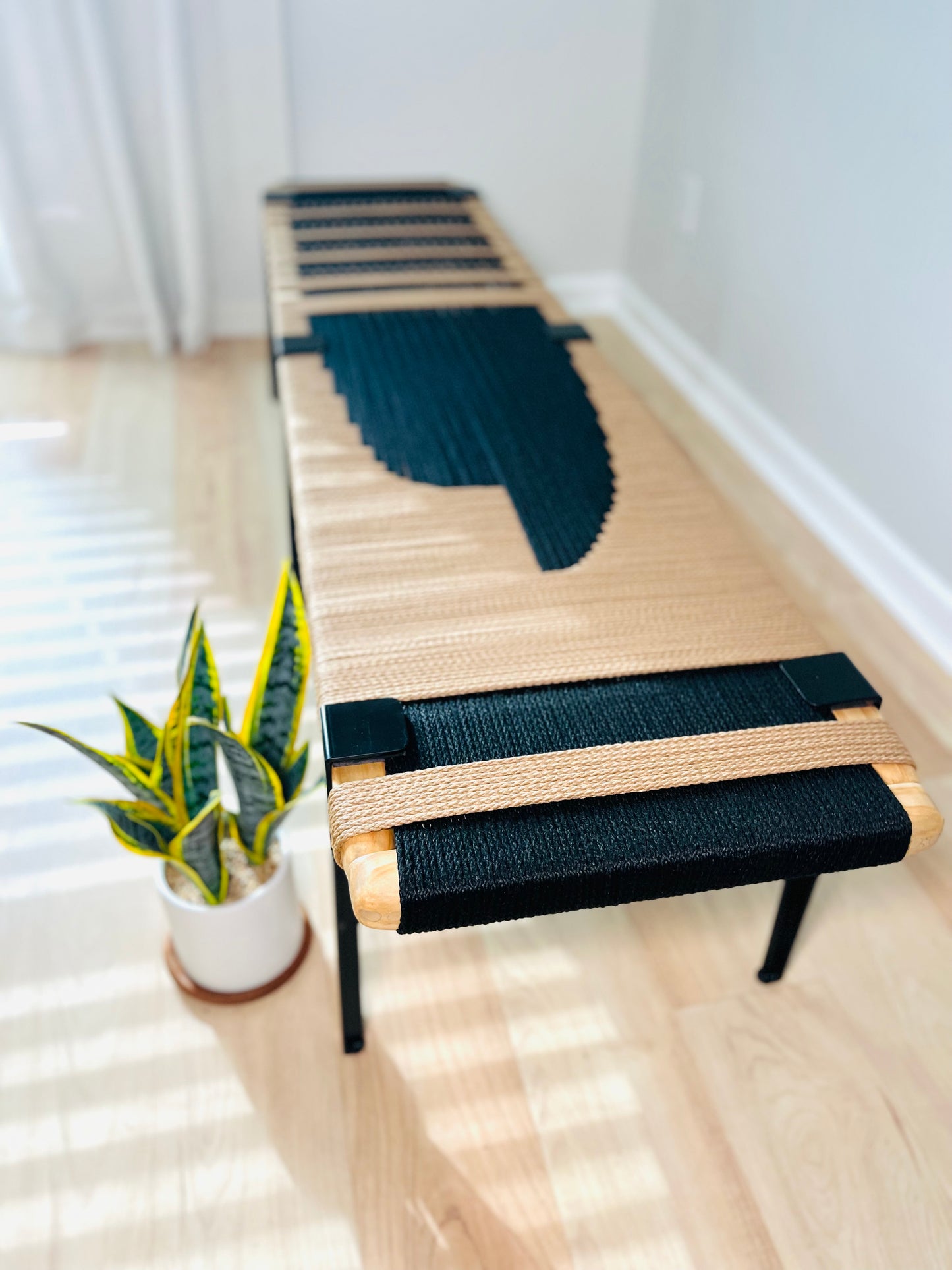 Mid Century Bench | Custom Size Woven Entryway Seating With Matte Black Legs