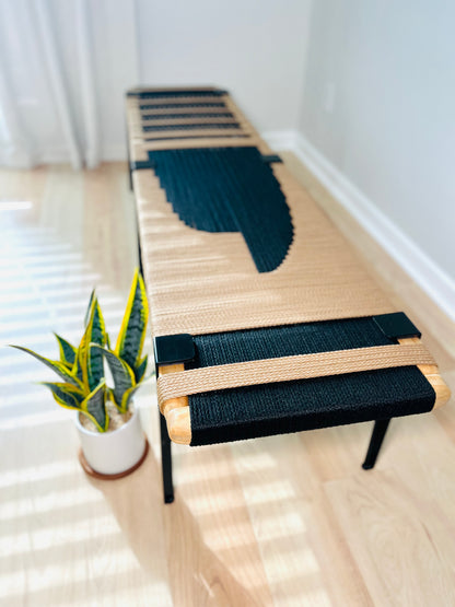 Mid Century Bench | Custom Size Woven Entryway Seating With Matte Black Legs