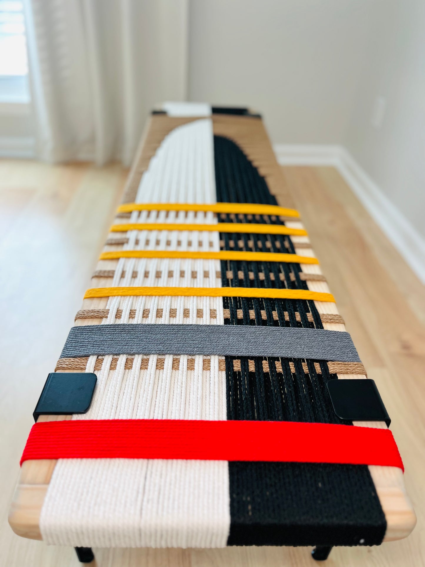 Mid Century Bench | Custom Size Woven Entryway Seating With Matte Black Legs