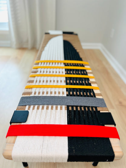 Mid Century Bench | Custom Size Woven Entryway Seating With Matte Black Legs