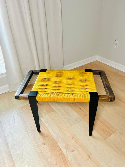 Mid Century Bench | Custom Size Woven Entryway Seating With Matte Black Legs