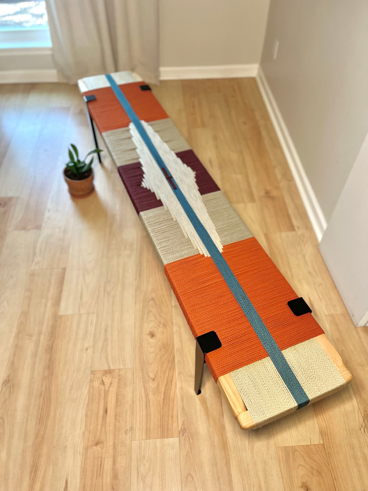 Mid Century Bench | Custom Size Woven Entryway Seating With Matte Black Legs