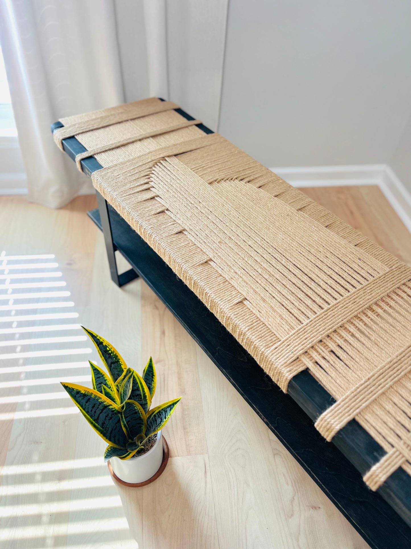 Mid Century Bench | Custom Size Woven Entryway Seating With Matte Black Legs