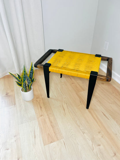 Mid Century Bench | Custom Size Woven Entryway Seating With Matte Black Legs