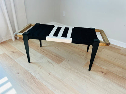 Mid Century Bench | Custom Size Woven Entryway Seating With Matte Black Legs