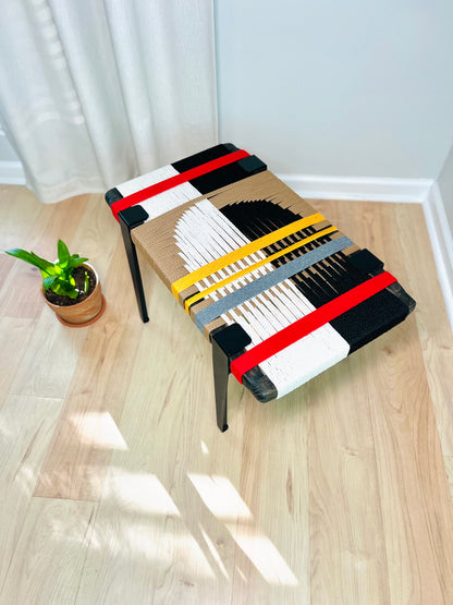 Mid Century Bench | Custom Size Woven Entryway Seating With Matte Black Legs