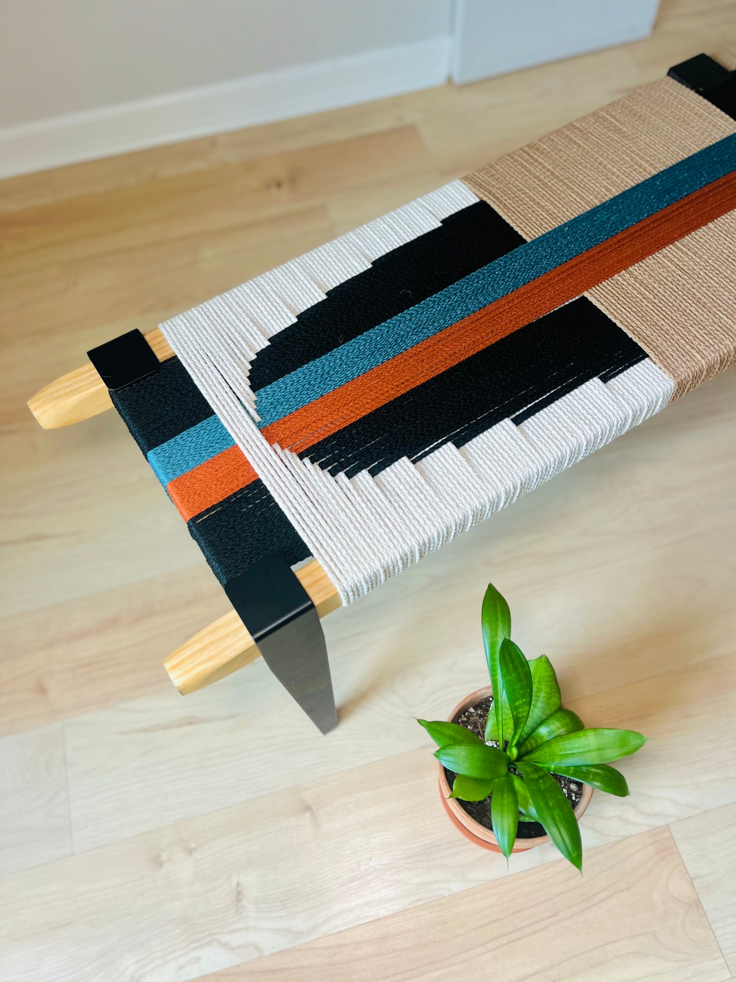 Mid Century Bench | Custom Size Woven Entryway Seating With Matte Black Legs