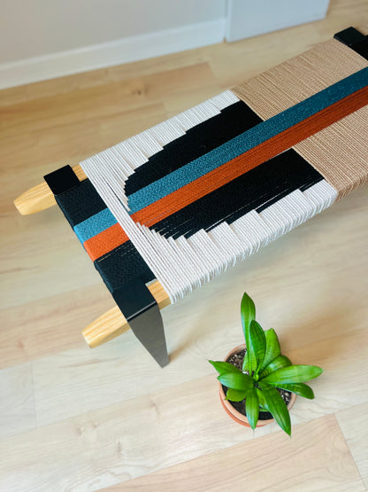 Mid Century Bench | Custom Size Woven Entryway Seating With Matte Black Legs