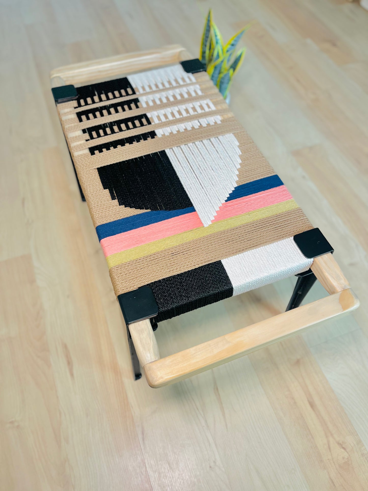 Mid Century Bench | Custom Size Woven Entryway Seating With Matte Black Legs