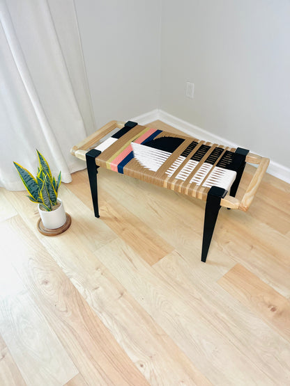 Mid Century Bench | Custom Size Woven Entryway Seating With Matte Black Legs