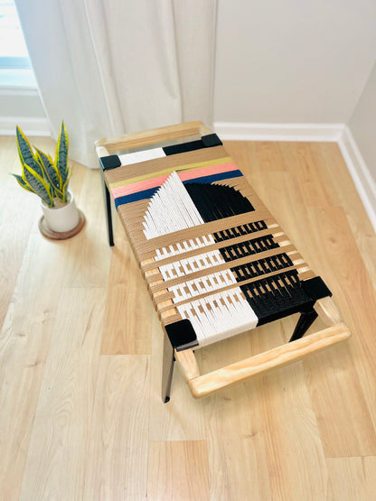 Mid Century Bench | Custom Size Woven Entryway Seating With Matte Black Legs