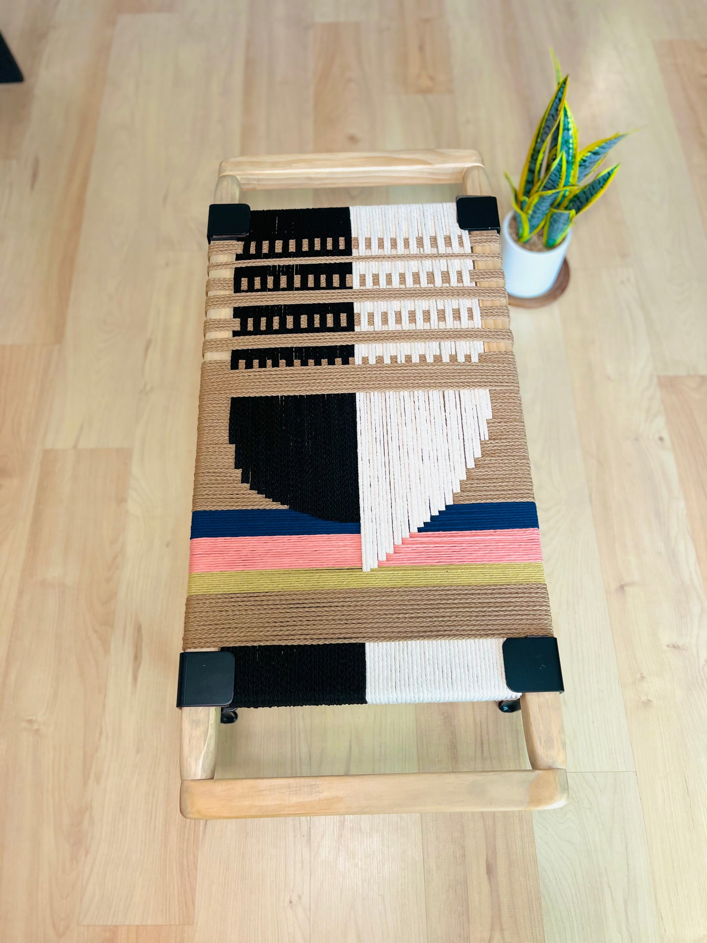 Mid Century Bench | Custom Size Woven Entryway Seating With Matte Black Legs