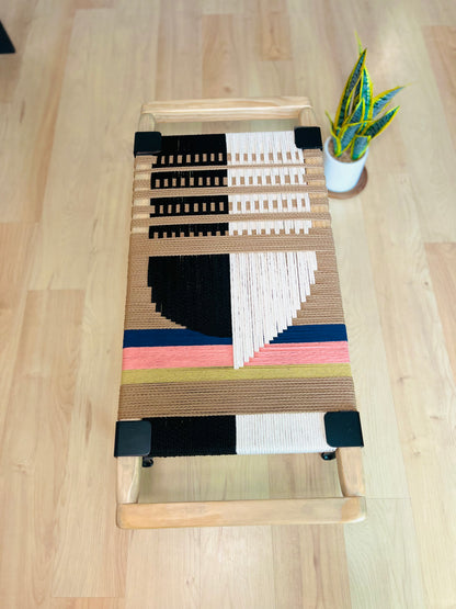 Mid Century Bench | Custom Size Woven Entryway Seating With Matte Black Legs