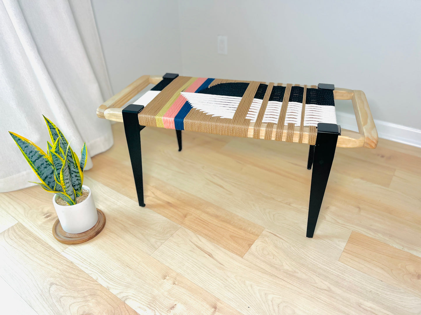 Mid Century Bench | Custom Size Woven Entryway Seating With Matte Black Legs