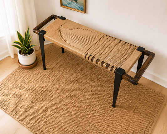 Mid Century Bench | Custom Size Woven Entryway Seating With Matte Black Legs