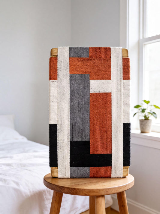 a wooden stool with a colorful woven piece of fabric draped over it, placed in a bedroom setting with a white bed and a window.