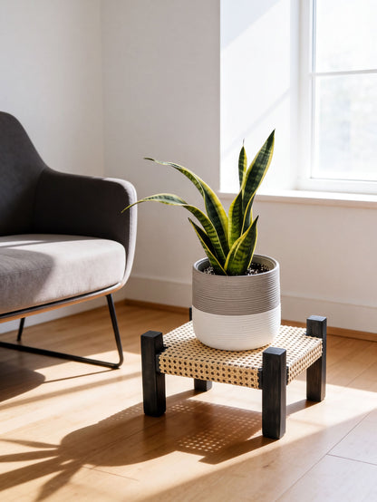 a potted snake plant placed on a woven coffee table, positioned in front of a window with a gray armchair visible in the background.