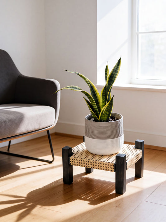a potted snake plant placed on a woven coffee table, positioned in front of a window with a gray armchair visible in the background.