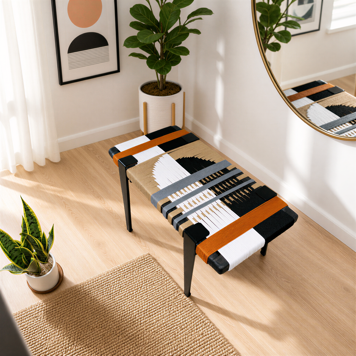 a modern living room with a wooden floor, a large mirror, a potted plant, and a bench with a colorful woven seat.