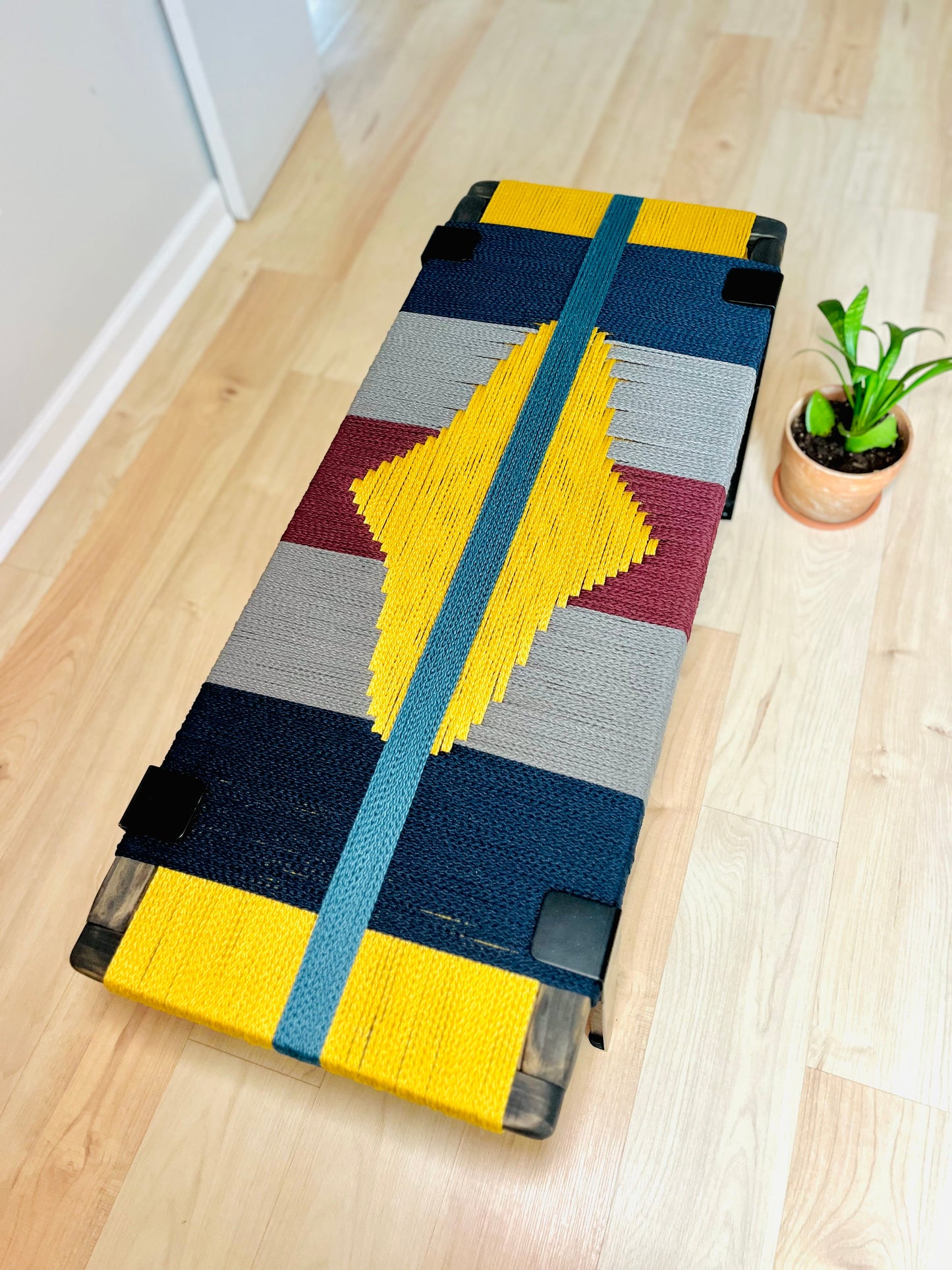 Mid Century Bench | Custom Size Woven Entryway Seating With Matte Black Legs.