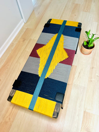 Mid Century Bench | Custom Size Woven Entryway Seating With Matte Black Legs.