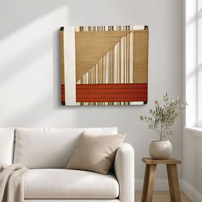 a living room with a white sofa, a wooden side table with a plant, and a large abstract painting hanging on the wall above the sofa.