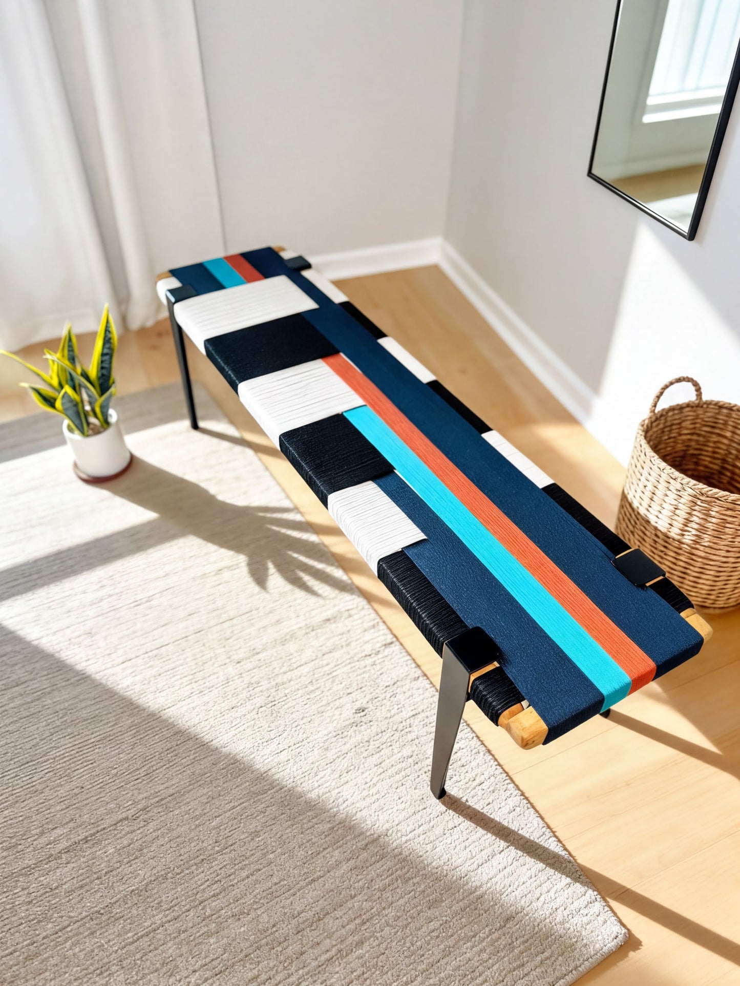 a modern, colorful bench with a black and white striped seat, placed on a gray rug in a room with a potted plant and a woven basket nearby.