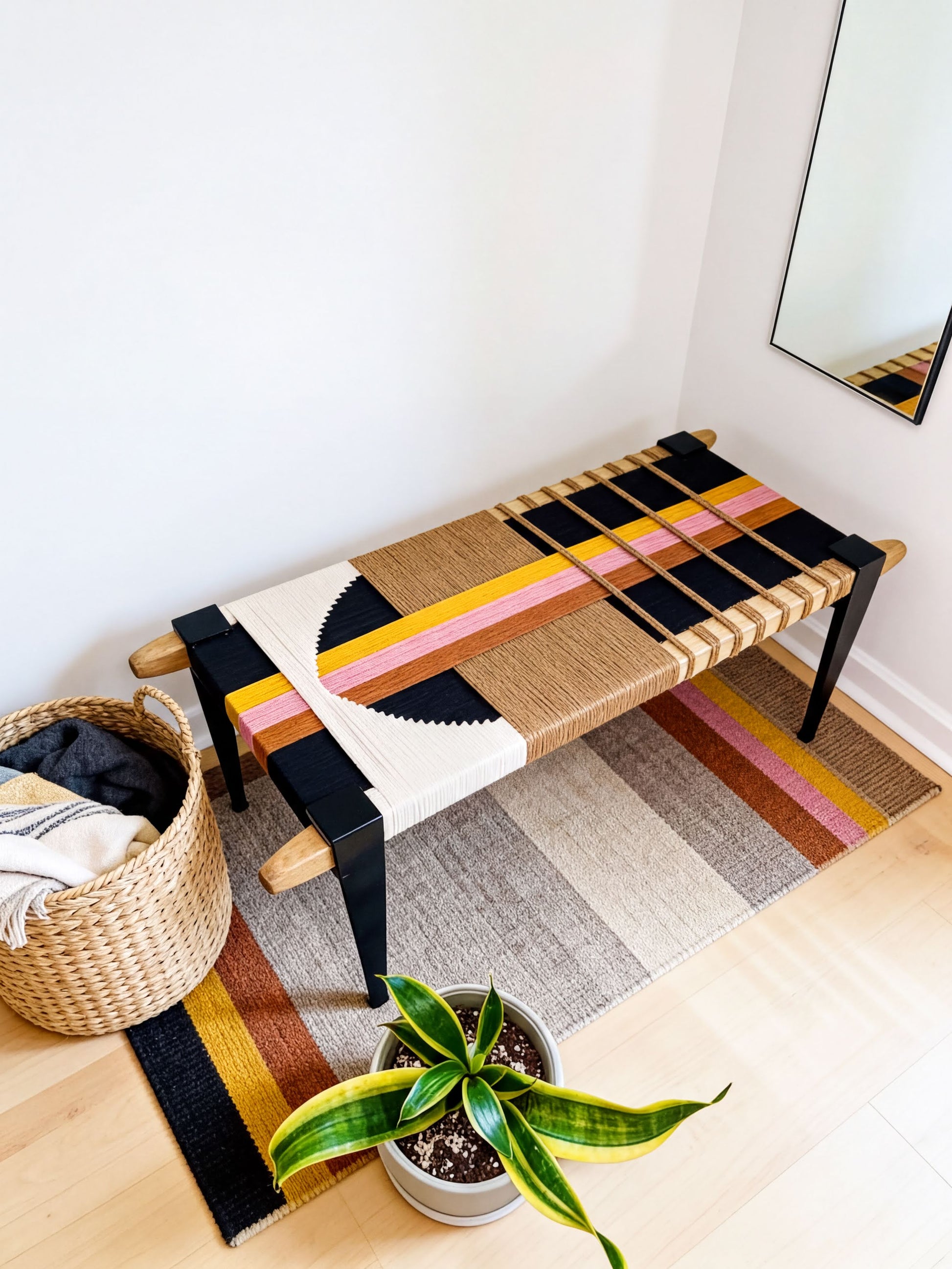 a modern, colorful bench with a woven seat and legs, placed on a wooden floor next to a woven basket. A potted plant is also present in the scene.