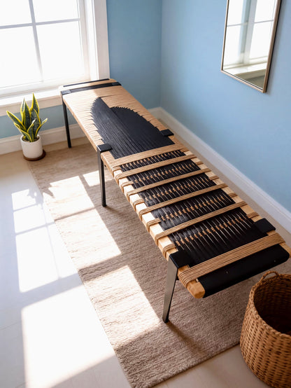a wooden bench with a woven seat and backrest, placed in a room with a blue wall and a window. There is a potted plant and a basket nearby, adding to the cozy and inviting atmosphere of the space.