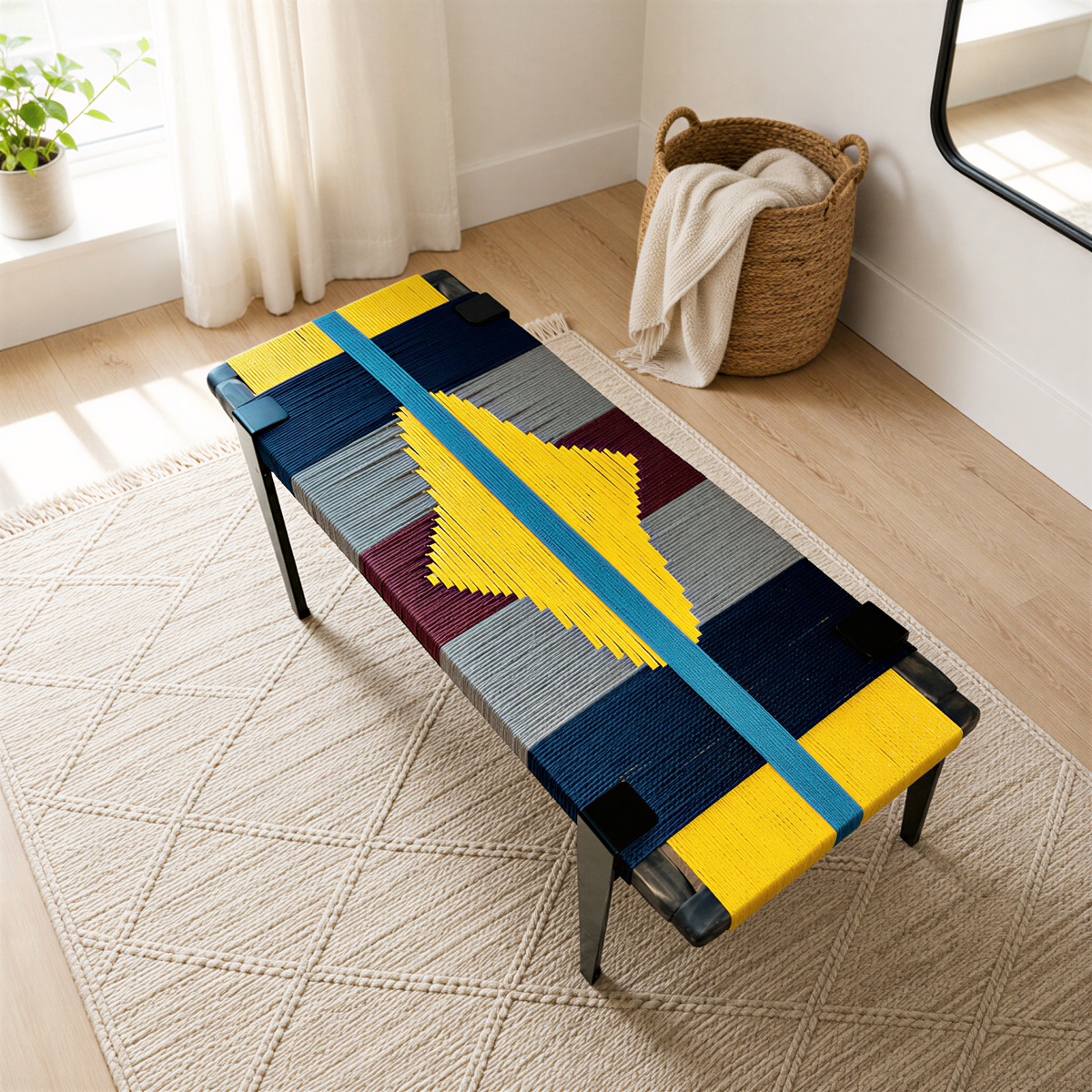 a colorful woven bench with a geometric pattern in blue, yellow, and gray. The bench is placed on a beige rug and is accompanied by a woven basket and a plant in the background.