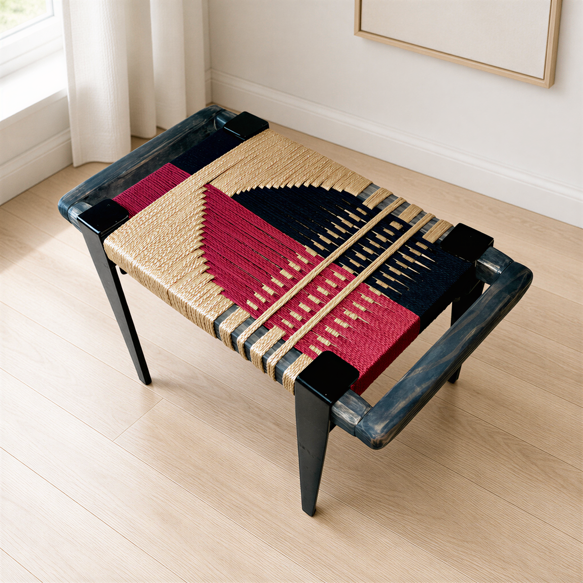 a woven bench with a colorful geometric pattern on the seat and legs.
