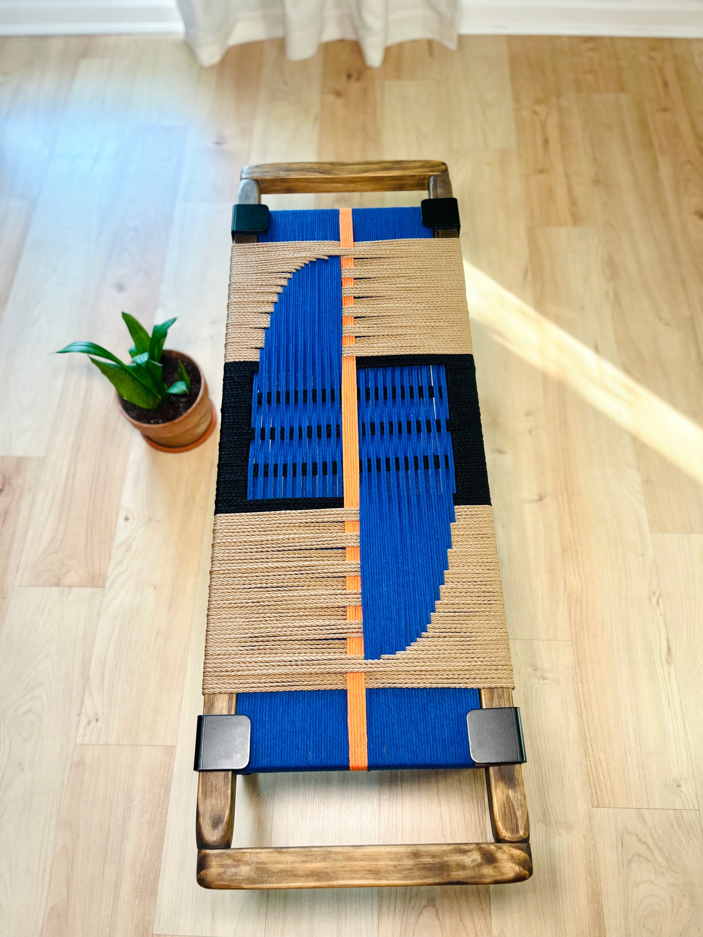 Mid Century Bench | Custom Size Woven Entryway Seating With Matte Black Legs