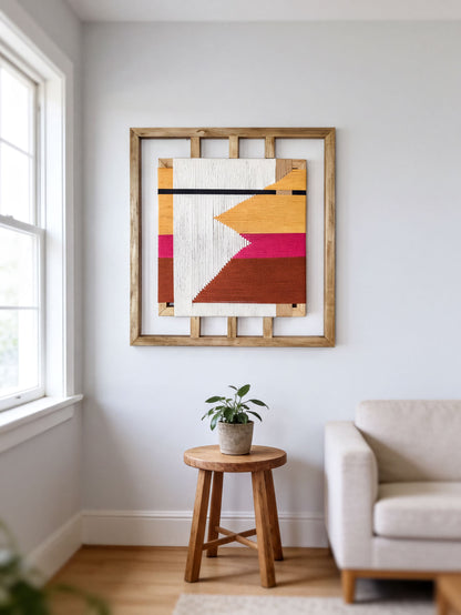 a living room with a wooden stool in front of a white couch, and a framed abstract artwork hanging on the wall above the stool.