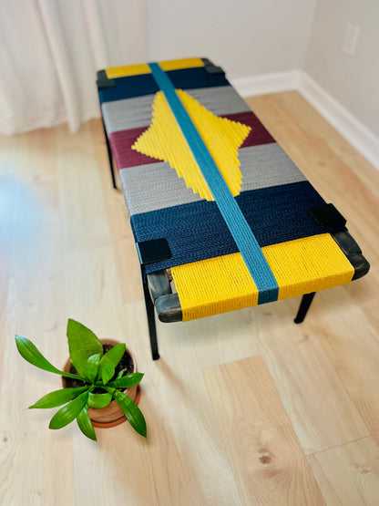 Mid Century Bench | Custom Size Woven Entryway Seating With Matte Black Legs.