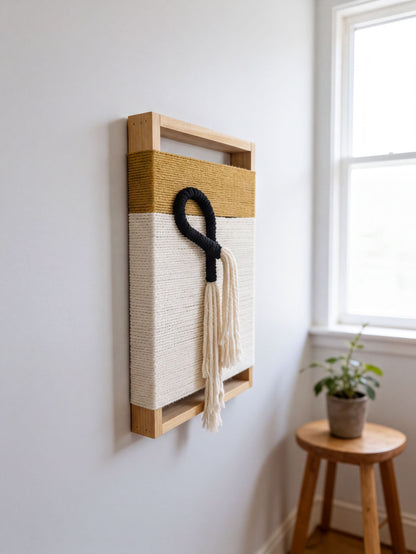 a wooden stool with a potted plant on it, placed next to a wall with a framed artwork hanging on it.