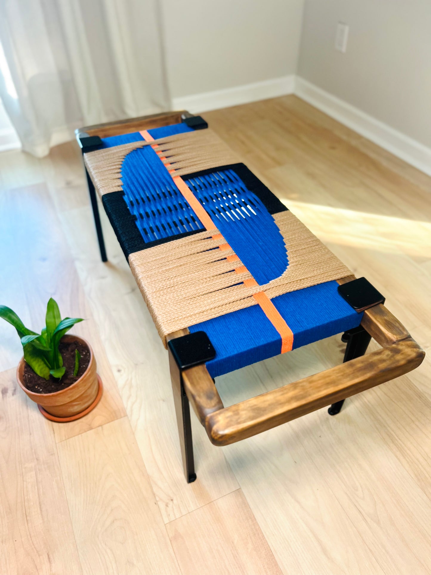 Mid Century Bench | Custom Size Woven Entryway Seating With Matte Black Legs