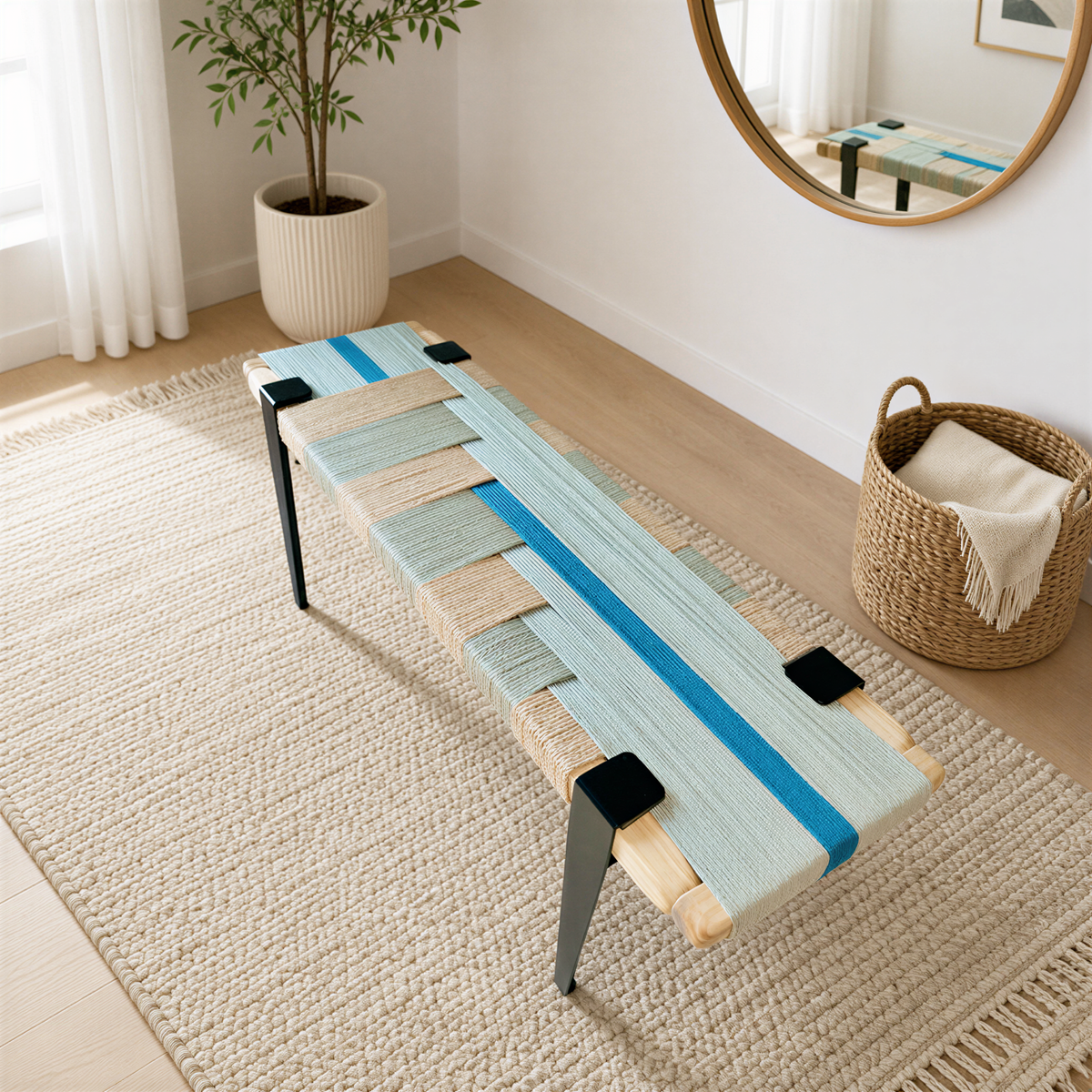 a modern, hand-woven bench with a blue and white striped design, placed on a beige rug in a room with a round mirror and a woven basket.