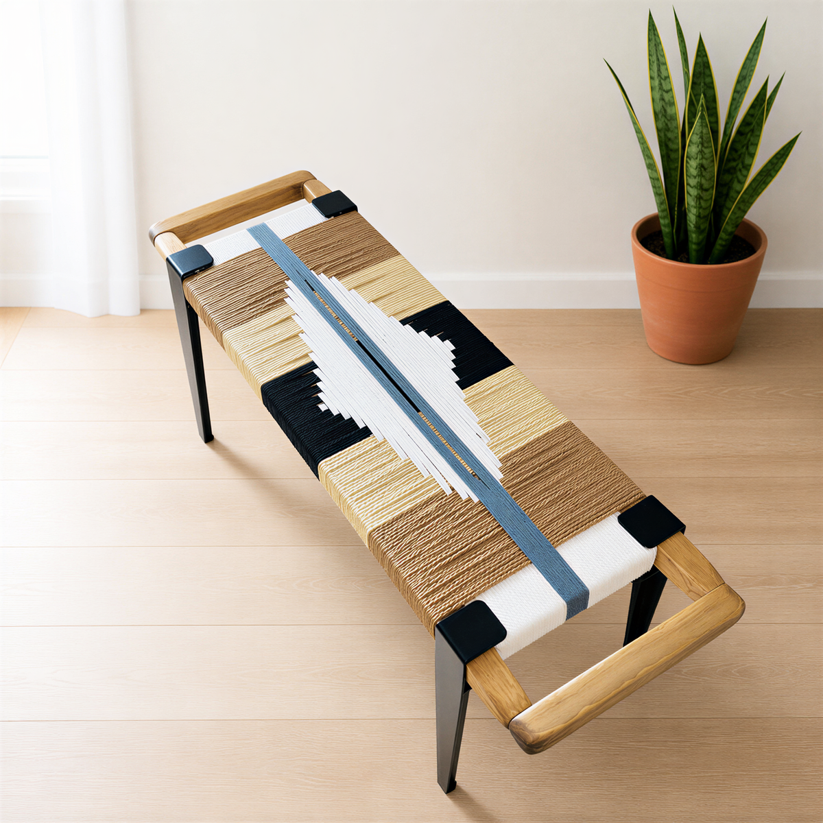a wooden bench with a woven seat and backrest, placed on a wooden floor next to a potted plant.
