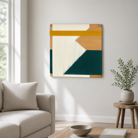 a living room with a large abstract painting hanging on the wall, a white sofa, a wooden side table with a plant, and a wooden coffee table with books on it.