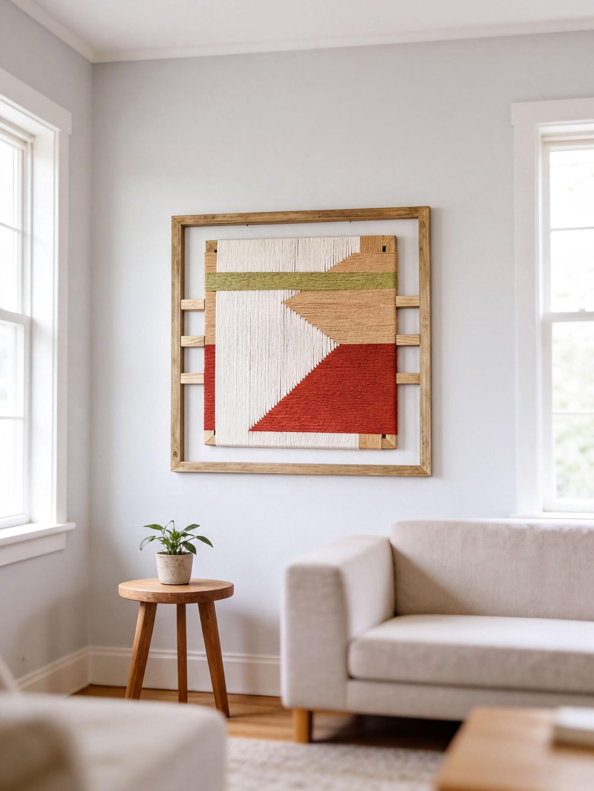 a cozy living room with a white sofa, a wooden side table, and a large abstract tapestry hanging on the wall.