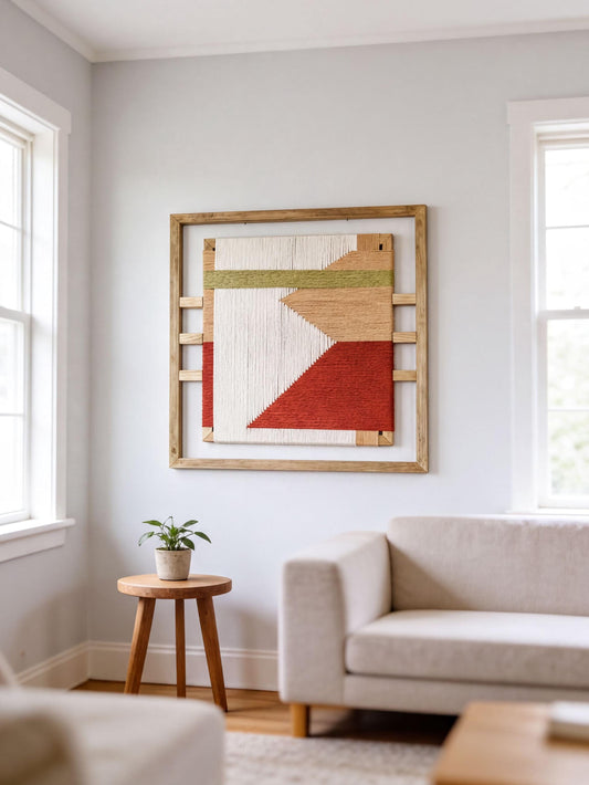a cozy living room with a white sofa, a wooden side table, and a large abstract tapestry hanging on the wall.