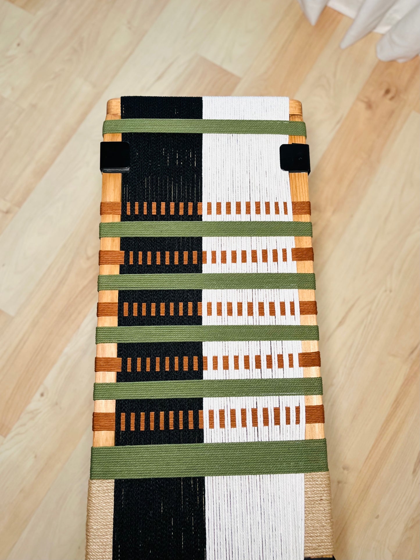 Mid Century Bench | Custom Size Woven Entryway Seating With Matte Black Legs