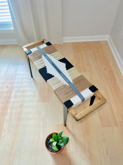 Mid Century Bench | Custom Size Woven Entryway Seating With Matte Black Legs